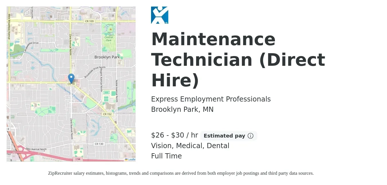 Express Employment Professionals job posting for a Maintenance Technician (Direct Hire) in Brooklyn Park, MN with a salary of $28 to $32 Hourly and benefits including dental, medical, retirement, and vision with a map of Brooklyn Park location.