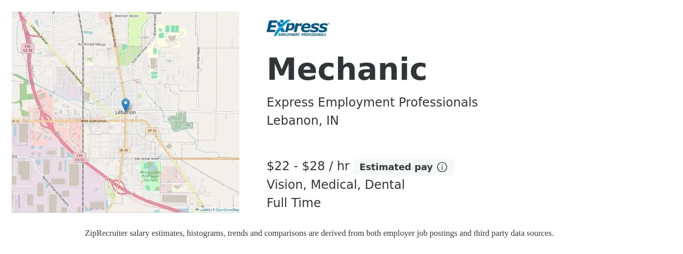 Express Employment Professionals job posting for a Mechanic in Lebanon, IN with a salary of $23 to $30 Hourly and benefits including life_insurance, medical, retirement, vision, and dental with a map of Lebanon location.