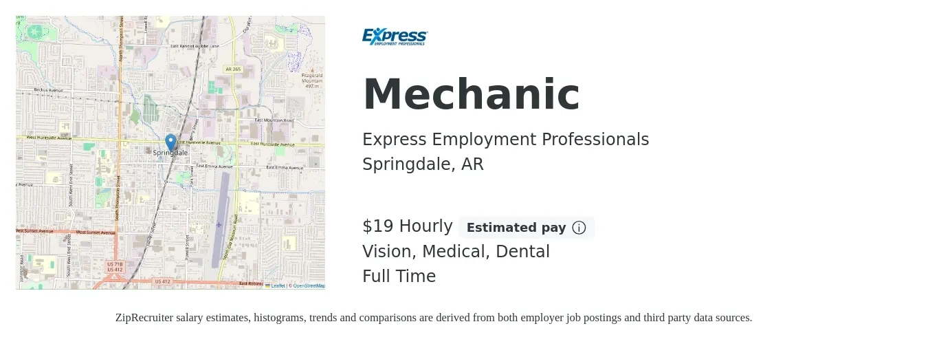 Express Employment Professionals job posting for a Mechanic in Springdale, AR with a salary of $20 Hourly and benefits including dental, medical, and vision with a map of Springdale location.