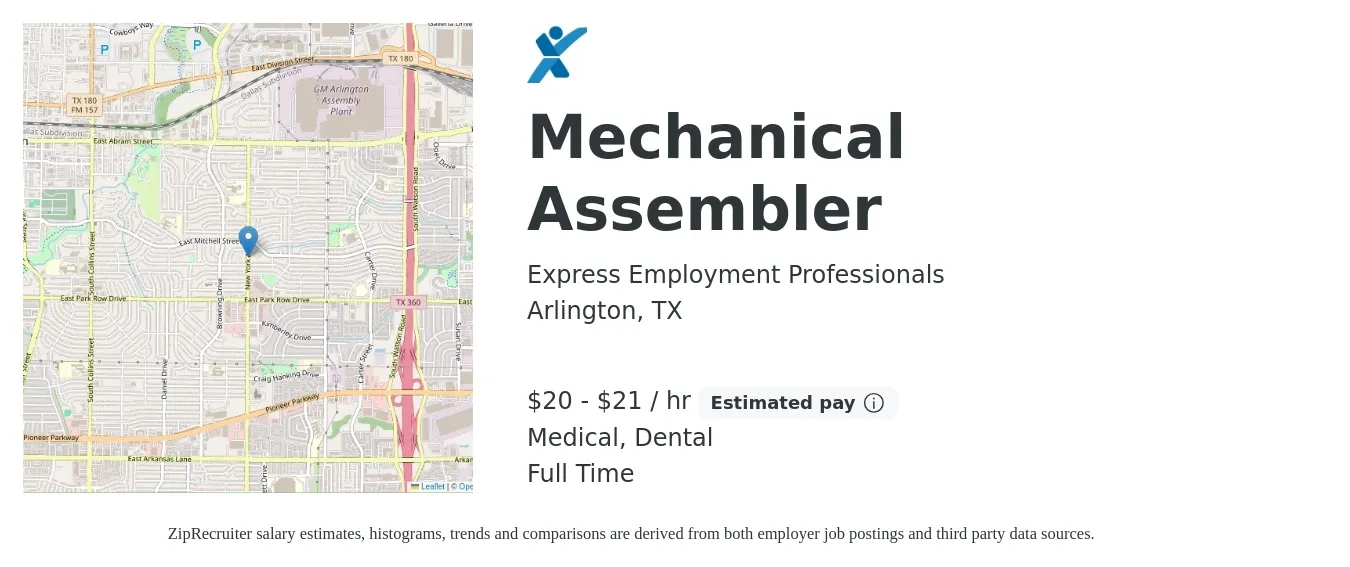 Express Employment Professionals job posting for a Mechanical Assembler in Arlington, TX with a salary of $21 to $22 Hourly and benefits including dental, and medical with a map of Arlington location.