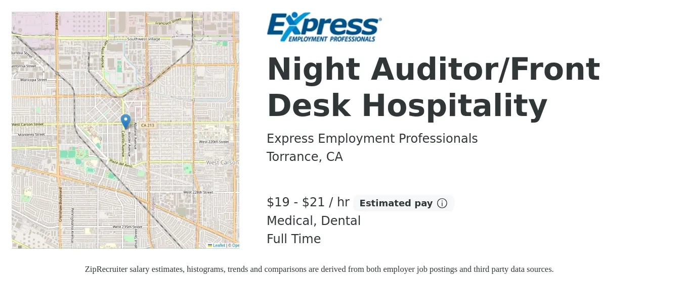 Express Employment Professionals job posting for a Night Auditor/Front Desk Hospitality in Torrance, CA with a salary of $20 to $22 Hourly and benefits including dental, and medical with a map of Torrance location.