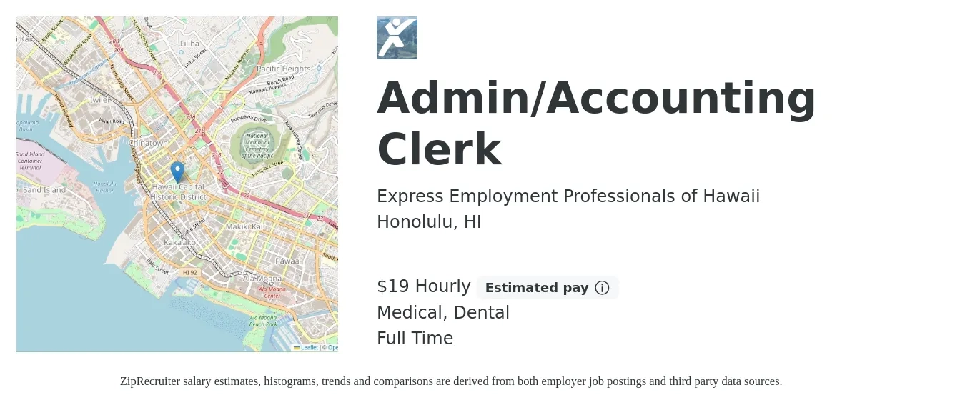 Express Employment Professionals of Hawaii job posting for a Admin/Accounting Clerk in Honolulu, HI with a salary of $20 Hourly and benefits including dental, medical, and pto with a map of Honolulu location.