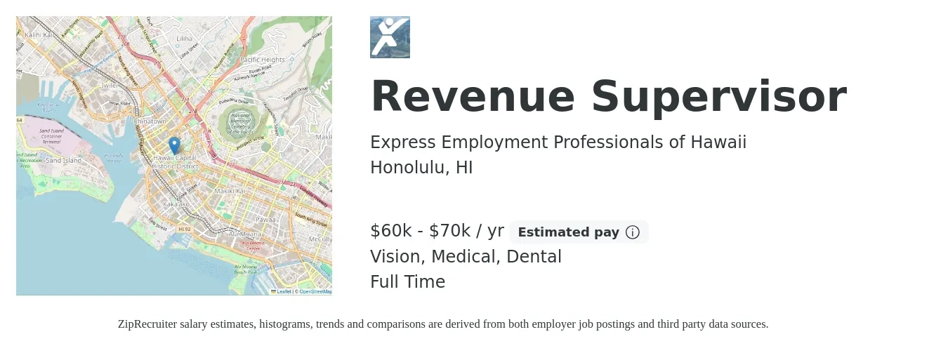Express Employment Professionals of Hawaii job posting for a Revenue Supervisor in Honolulu, HI with a salary of $60,000 to $70,000 Yearly and benefits including medical, pto, vision, and dental with a map of Honolulu location.
