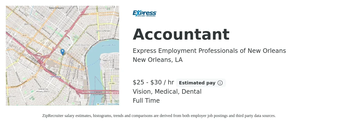 Express Employment Professionals of New Orleans job posting for a Accountant in New Orleans, LA with a salary of $27 to $32 Hourly and benefits including life_insurance, medical, retirement, vision, and dental with a map of New Orleans location.