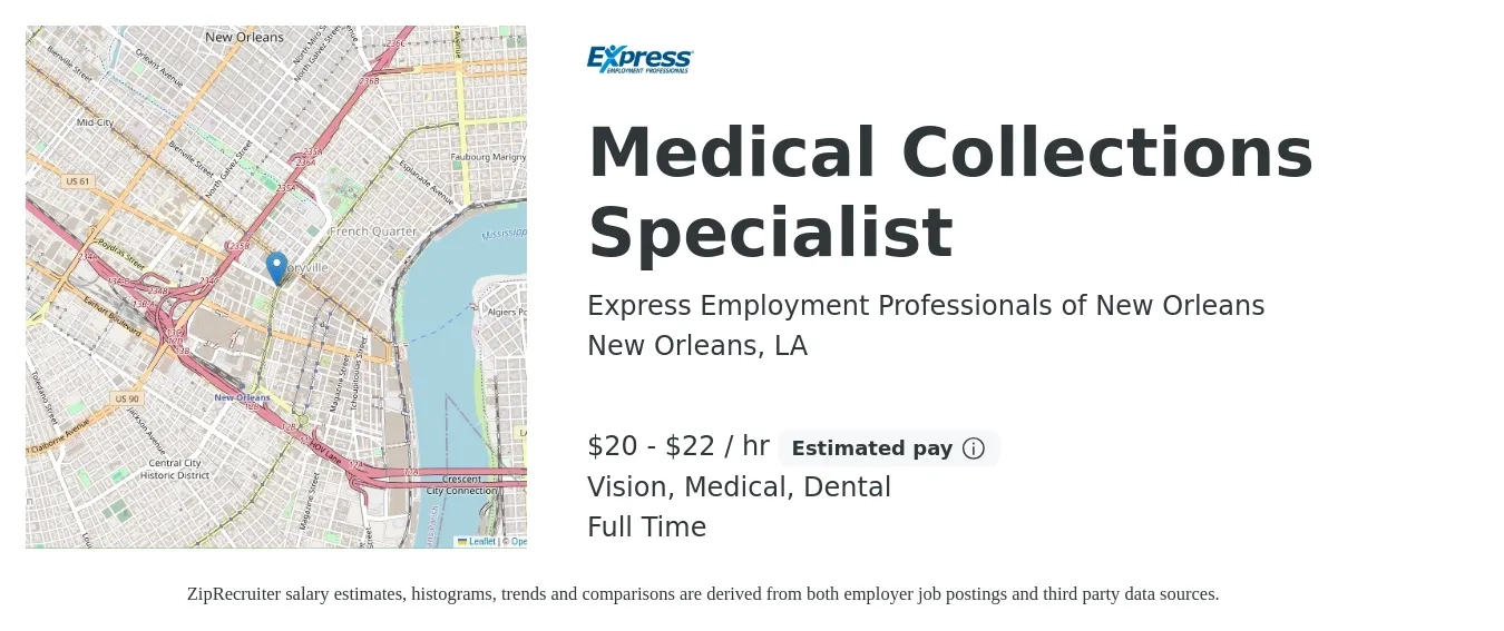 Express Employment Professionals of New Orleans job posting for a Medical Collections Specialist in New Orleans, LA with a salary of $21 to $23 Hourly and benefits including dental, life_insurance, medical, retirement, and vision with a map of New Orleans location.