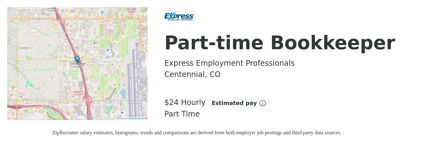 Express Employment Professionals job posting for a Part-time Bookkeeper in Centennial, CO with a salary of $25 Hourly and benefits including pto with a map of Centennial location.