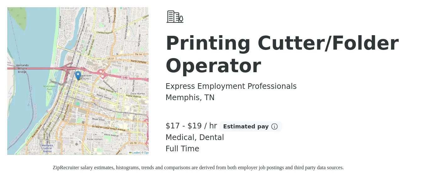 Express Employment Professionals job posting for a Printing Cutter/Folder Operator in Memphis, TN with a salary of $18 to $20 Hourly and benefits including dental, life_insurance, medical, and pto with a map of Memphis location.