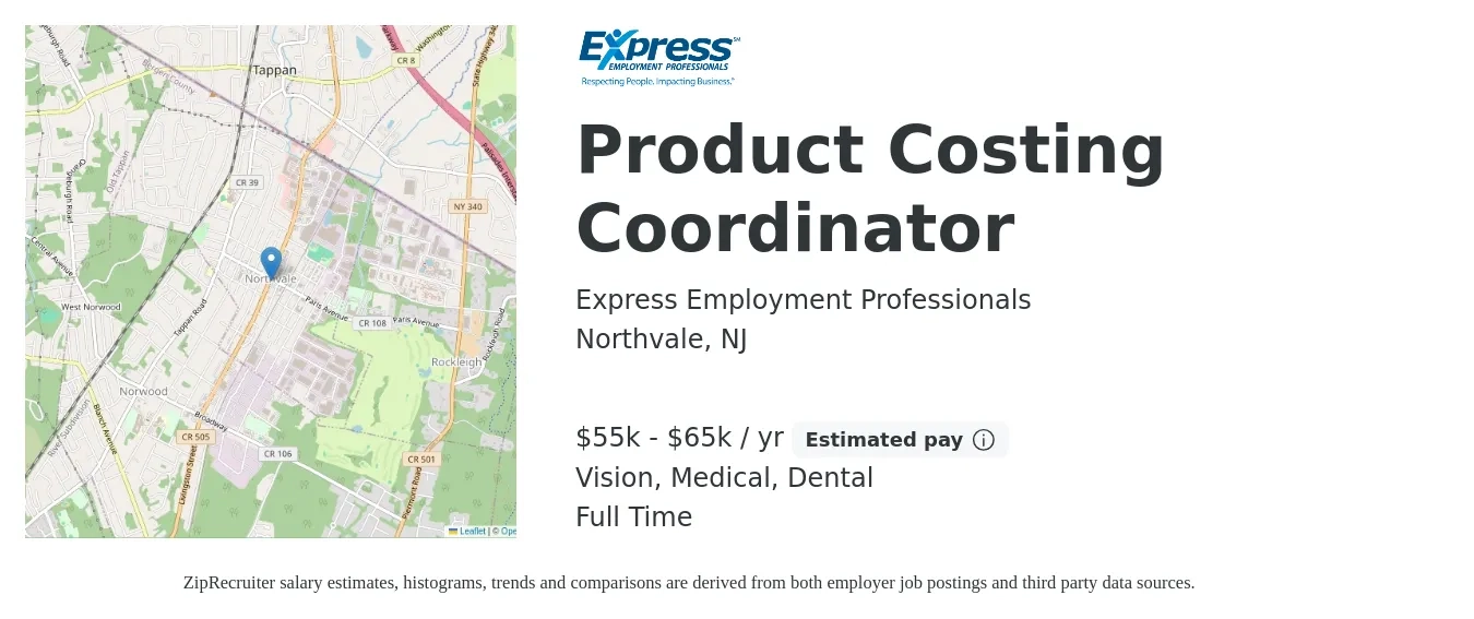 Express Employment Professionals job posting for a Product Costing Coordinator in Northvale, NJ with a salary of $55,000 to $65,000 Yearly and benefits including dental, medical, retirement, and vision with a map of Northvale location.