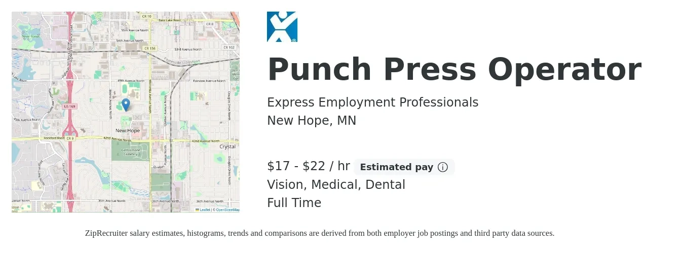 Express Employment Professionals job posting for a Punch Press Operator in New Hope, MN with a salary of $18 to $23 Hourly and benefits including dental, medical, retirement, and vision with a map of New Hope location.