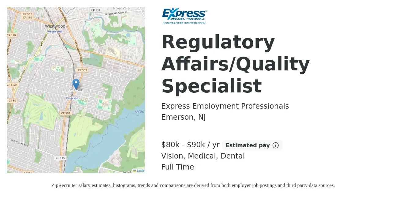 Express Employment Professionals job posting for a Regulatory Affairs/Quality Specialist in Emerson, NJ with a salary of $80,000 to $90,000 Yearly and benefits including dental, medical, retirement, and vision with a map of Emerson location.