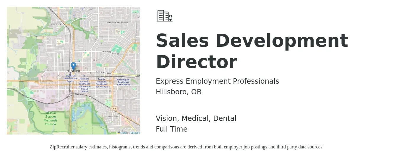 Express Employment Professionals job posting for a Sales Development Director in Hillsboro, OR with a salary of $92,600 to $167,200 Yearly and benefits including dental, life_insurance, medical, pto, and vision with a map of Hillsboro location.