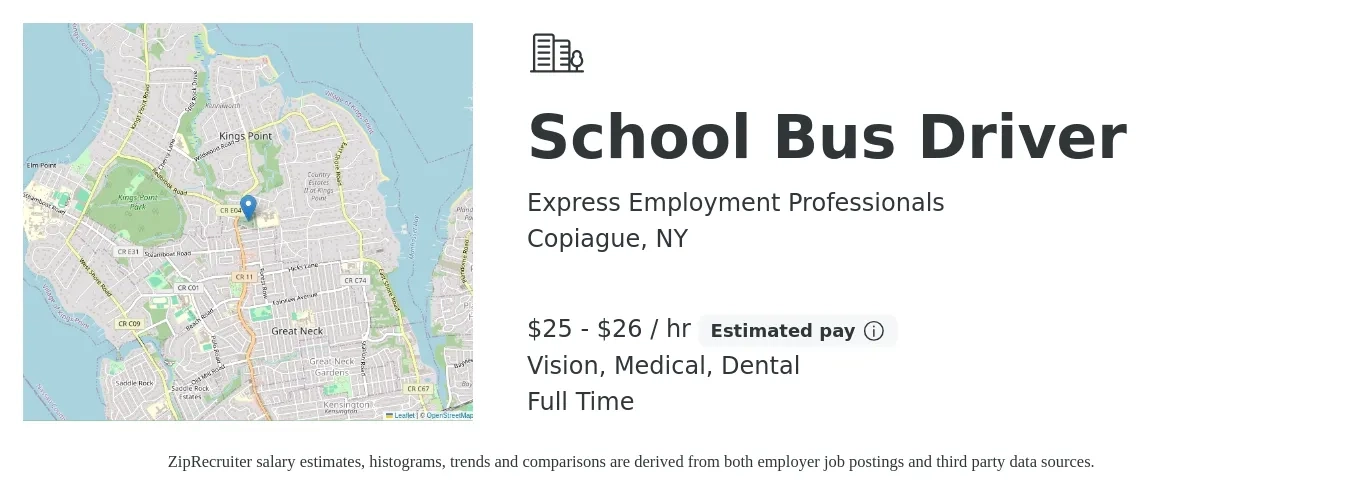 Express Employment Professionals job posting for a School Bus Driver in Copiague, NY with a salary of $26 to $28 Hourly and benefits including dental, medical, retirement, and vision with a map of Copiague location.