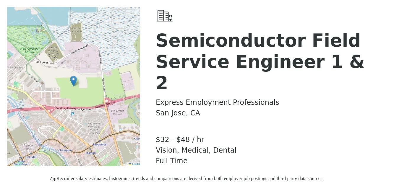 Express Employment Professionals job posting for a Semiconductor Field Service Engineer 1 & 2 in San Jose, CA with a salary of $33 to $50 Hourly and benefits including dental, medical, pto, retirement, and vision with a map of San Jose location.