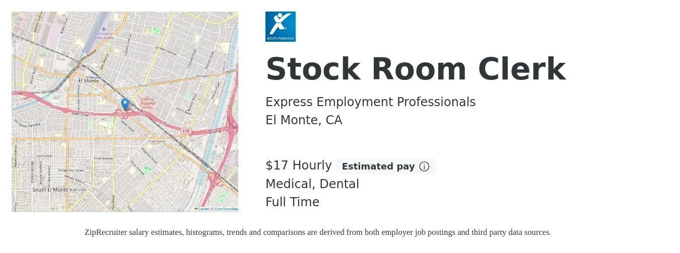 Express Employment Professionals job posting for a Stock Room Clerk in El Monte, CA with a salary of $18 Hourly and benefits including dental, and medical with a map of El Monte location.