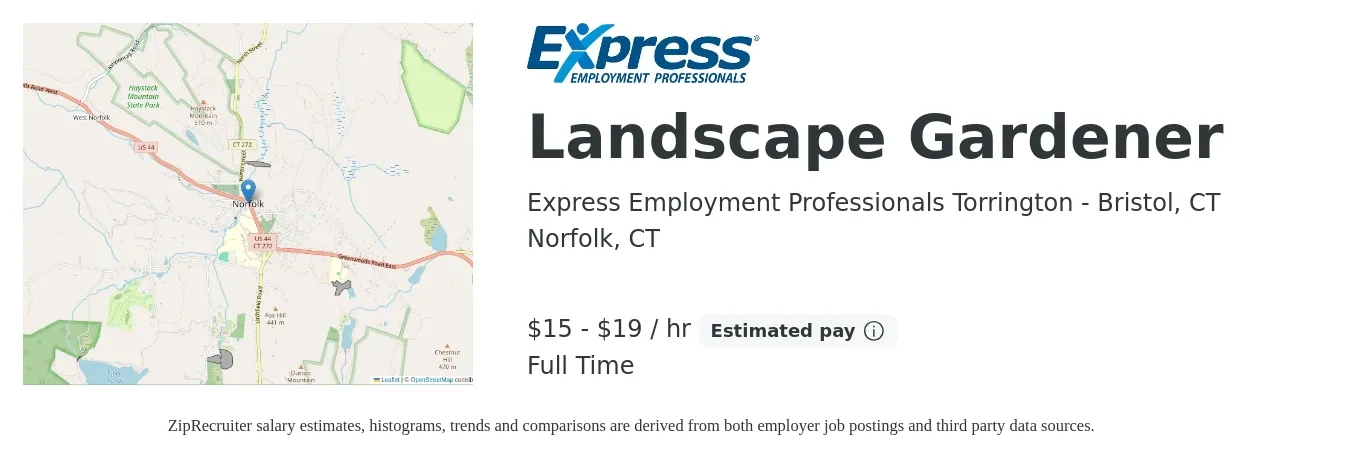 Express Employment Professionals Torrington - Bristol, CT job posting for a Landscape Gardener in Norfolk, CT with a salary of $16 to $20 Hourly with a map of Norfolk location.
