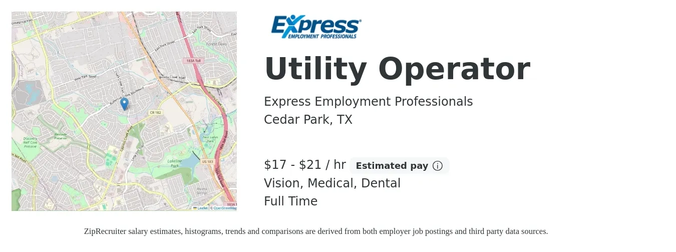 Express Employment Professionals job posting for a Utility Operator in Cedar Park, TX with a salary of $18 to $22 Hourly and benefits including life_insurance, medical, retirement, vision, and dental with a map of Cedar Park location.