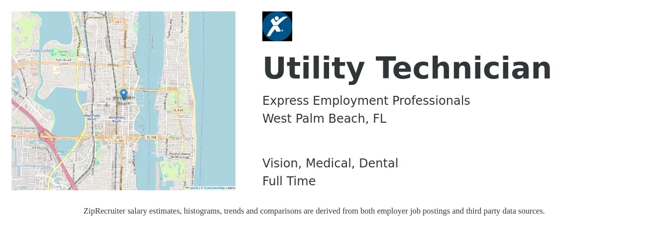 Express Employment Professionals job posting for a Utility Technician in West Palm Beach, FL with a salary of $19 to $26 Hourly and benefits including dental, medical, pto, and vision with a map of West Palm Beach location.