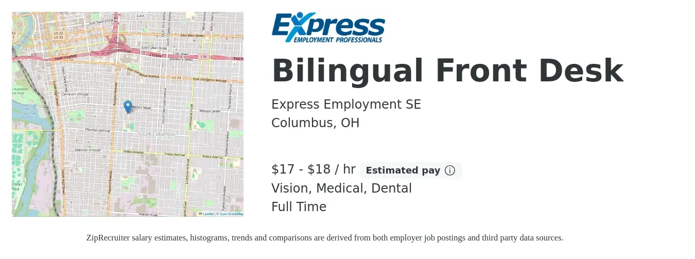 Express Employment SE job posting for a Bilingual Front Desk in Columbus, OH with a salary of $18 to $19 Hourly and benefits including dental, medical, and vision with a map of Columbus location.