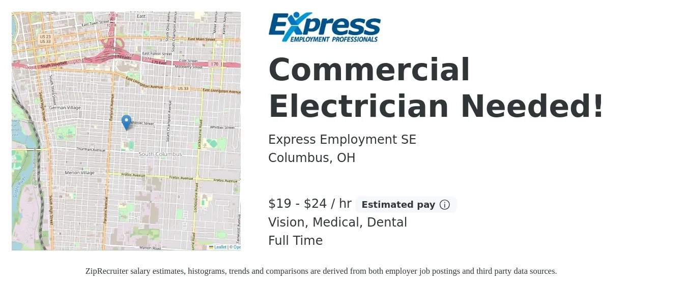 Express Employment SE job posting for a Commercial Electrician Needed! in Columbus, OH with a salary of $20 to $25 Hourly and benefits including medical, vision, and dental with a map of Columbus location.