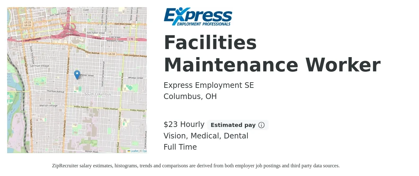 Express Employment SE job posting for a Facilities Maintenance Worker in Columbus, OH with a salary of $24 Hourly and benefits including dental, medical, and vision with a map of Columbus location.