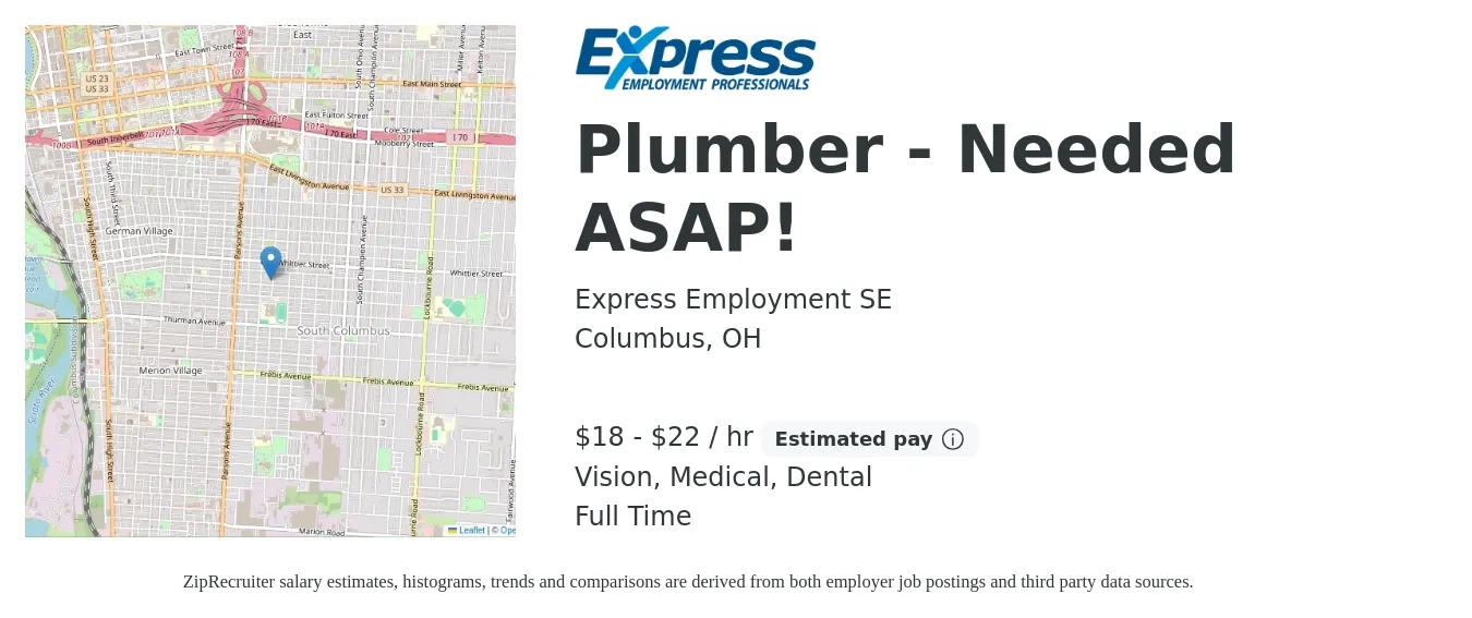 Express Employment SE job posting for a Plumber - Needed ASAP! in Columbus, OH with a salary of $19 to $23 Hourly and benefits including dental, medical, and vision with a map of Columbus location.