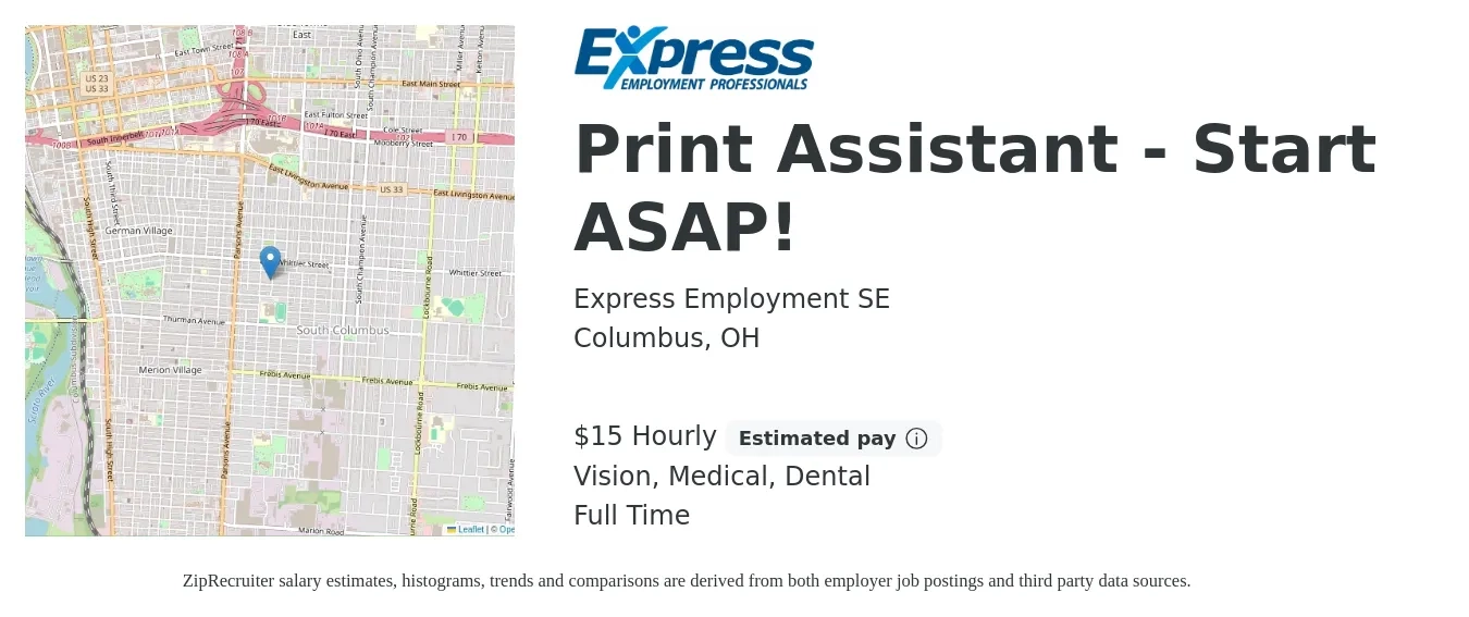 Express Employment SE job posting for a Print Assistant - Start ASAP! in Columbus, OH with a salary of $16 Hourly and benefits including vision, dental, and medical with a map of Columbus location.
