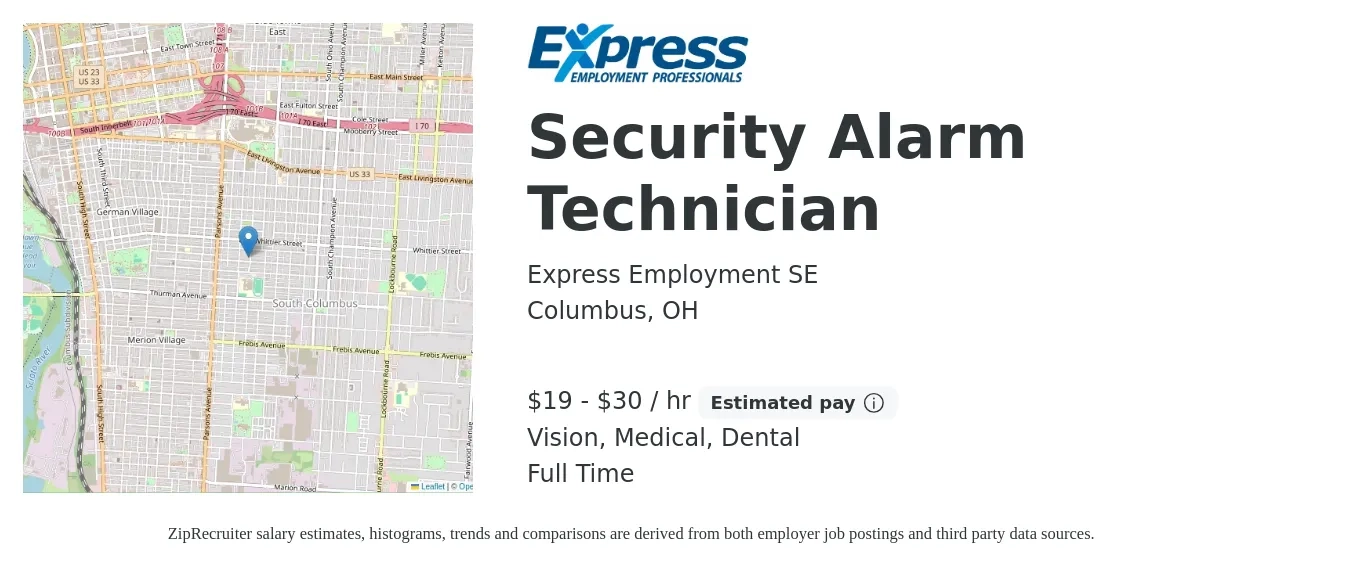 Express Employment SE job posting for a Security Alarm Technician in Columbus, OH with a salary of $20 to $32 Hourly and benefits including medical, pto, retirement, vision, dental, and life_insurance with a map of Columbus location.
