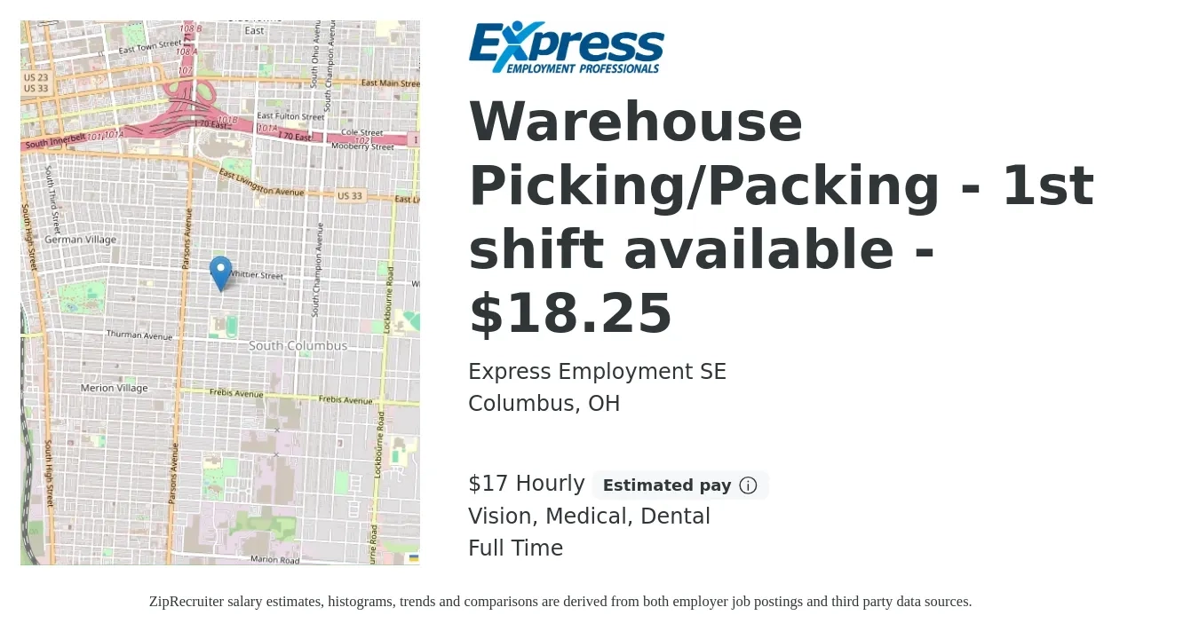 Express Employment SE job posting for a Warehouse Picking/Packing - 1st shift available - $18.25 in Columbus, OH with a salary of $18 Hourly and benefits including medical, vision, and dental with a map of Columbus location.