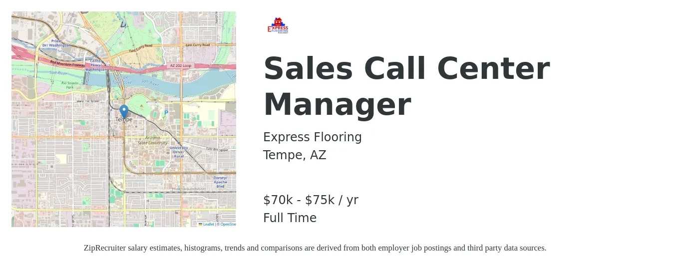 Express Flooring job posting for a Sales Call Center Manager in Tempe, AZ with a salary of $70,000 to $75,000 Yearly with a map of Tempe location.