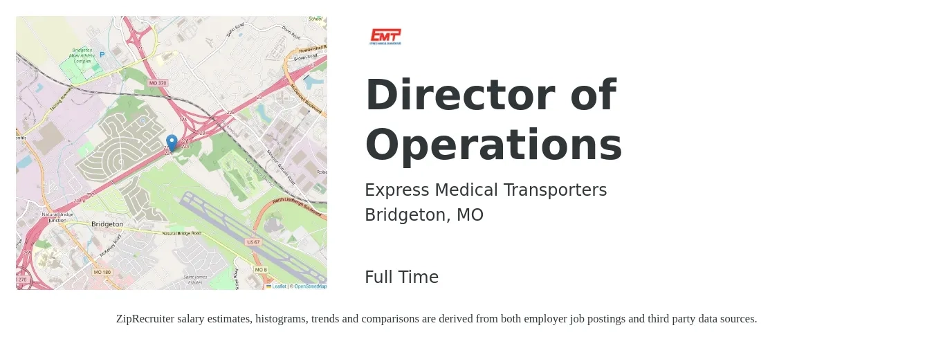 Express Medical Transporters job posting for a Director of Operations in Bridgeton, MO with a salary of $71,700 to $128,700 Yearly with a map of Bridgeton location.
