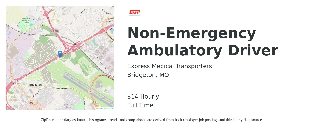 Express Medical Transporters job posting for a Non-Emergency Ambulatory Driver in Bridgeton, MO with a salary of $15 Hourly with a map of Bridgeton location.