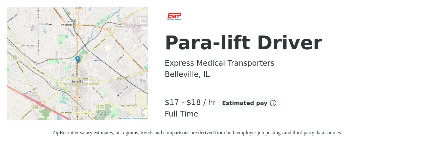 Express Medical Transporters job posting for a Para-lift Driver in Belleville, IL with a salary of $18 to $19 Hourly with a map of Belleville location.