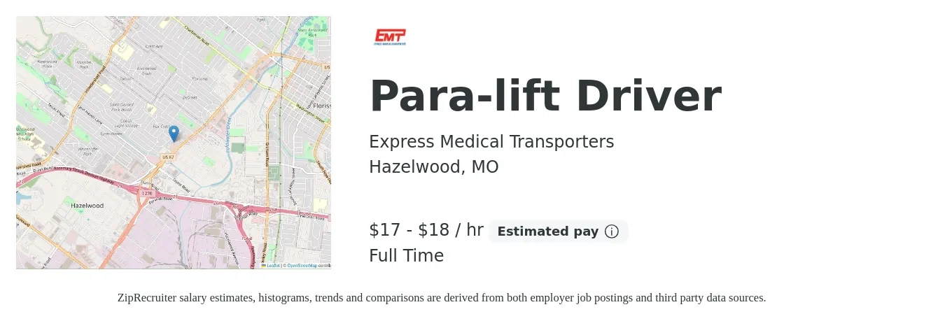Express Medical Transporters job posting for a Para-lift Driver in Hazelwood, MO with a salary of $18 to $19 Hourly with a map of Hazelwood location.