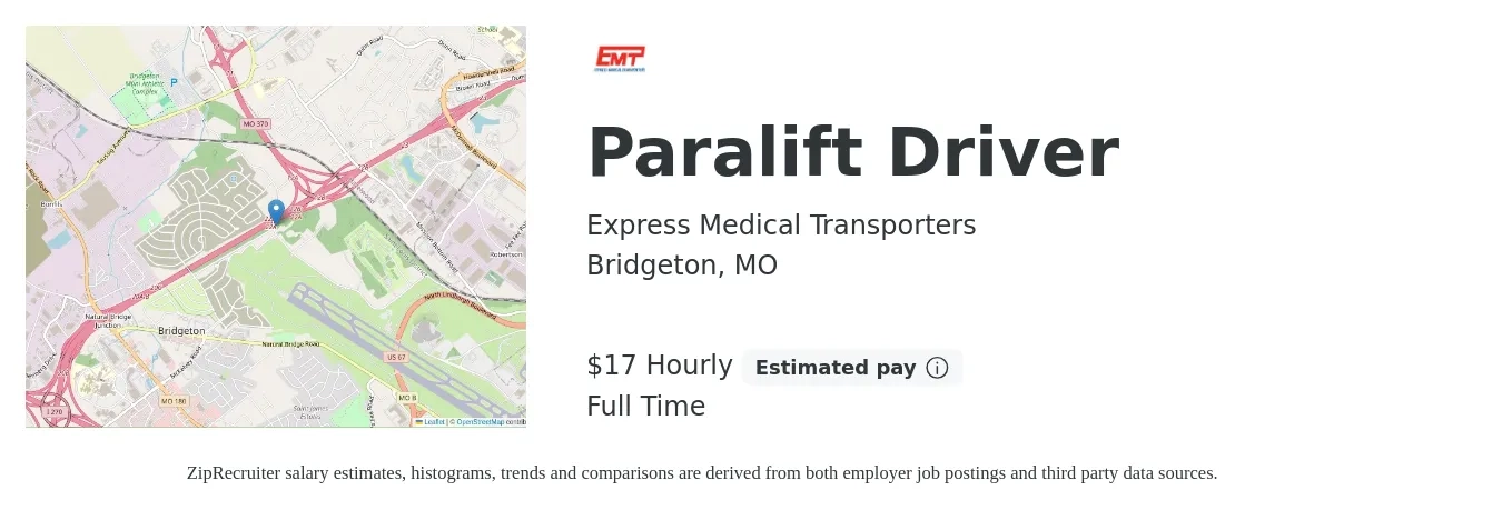 Express Medical Transporters job posting for a Paralift Driver in Bridgeton, MO with a salary of $18 Hourly with a map of Bridgeton location.