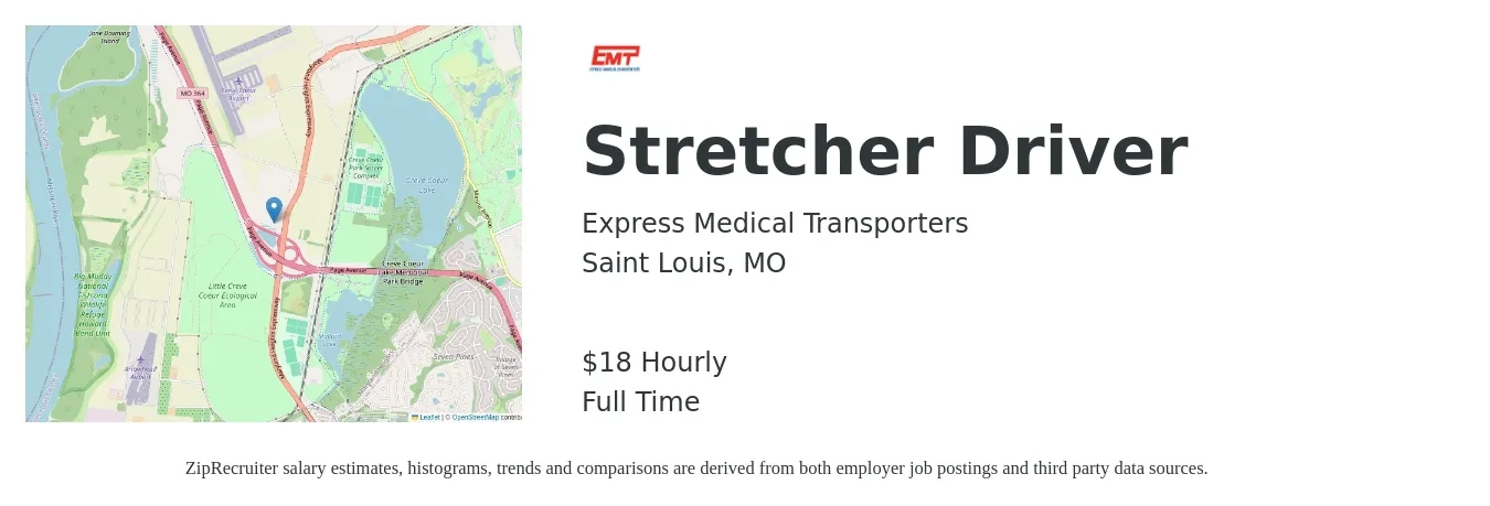 Express Medical Transporters job posting for a Stretcher Driver in Saint Louis, MO with a salary of $19 Hourly with a map of Saint Louis location.