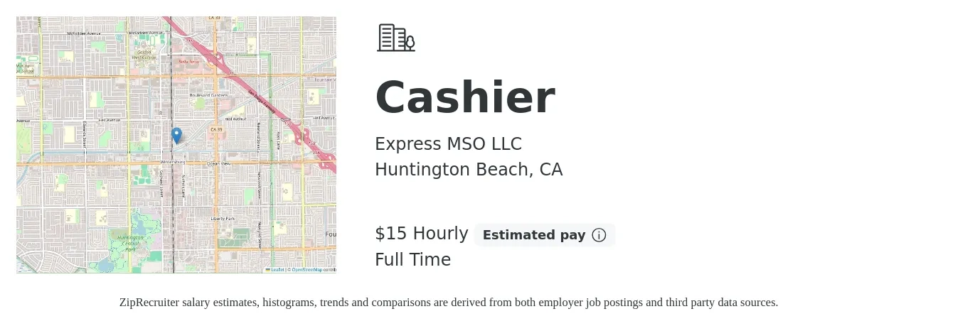 Express MSO LLC job posting for a Cashier in Huntington Beach, CA with a salary of $16 to $16 Hourly with a map of Huntington Beach location.