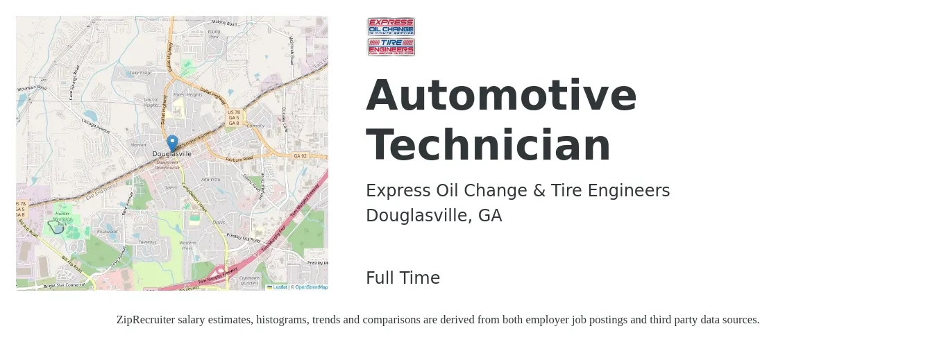 Express Oil Change & Tire Engineers job posting for a Automotive Technician in Douglasville, GA with a salary of $20 to $31 Hourly with a map of Douglasville location.