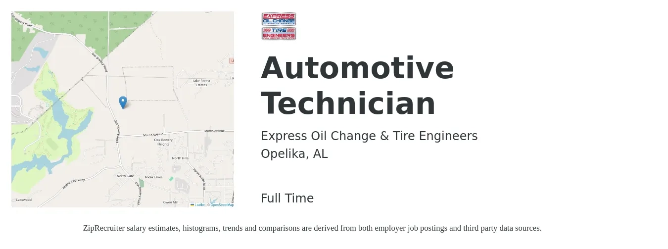 Express Oil Change & Tire Engineers job posting for a Automotive Technician in Opelika, AL with a salary of $20 to $32 Hourly with a map of Opelika location.