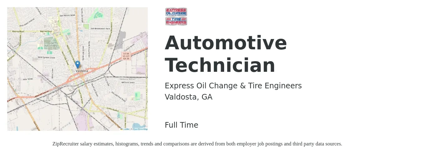 Express Oil Change & Tire Engineers job posting for a Automotive Technician in Valdosta, GA with a salary of $18 to $28 Hourly with a map of Valdosta location.
