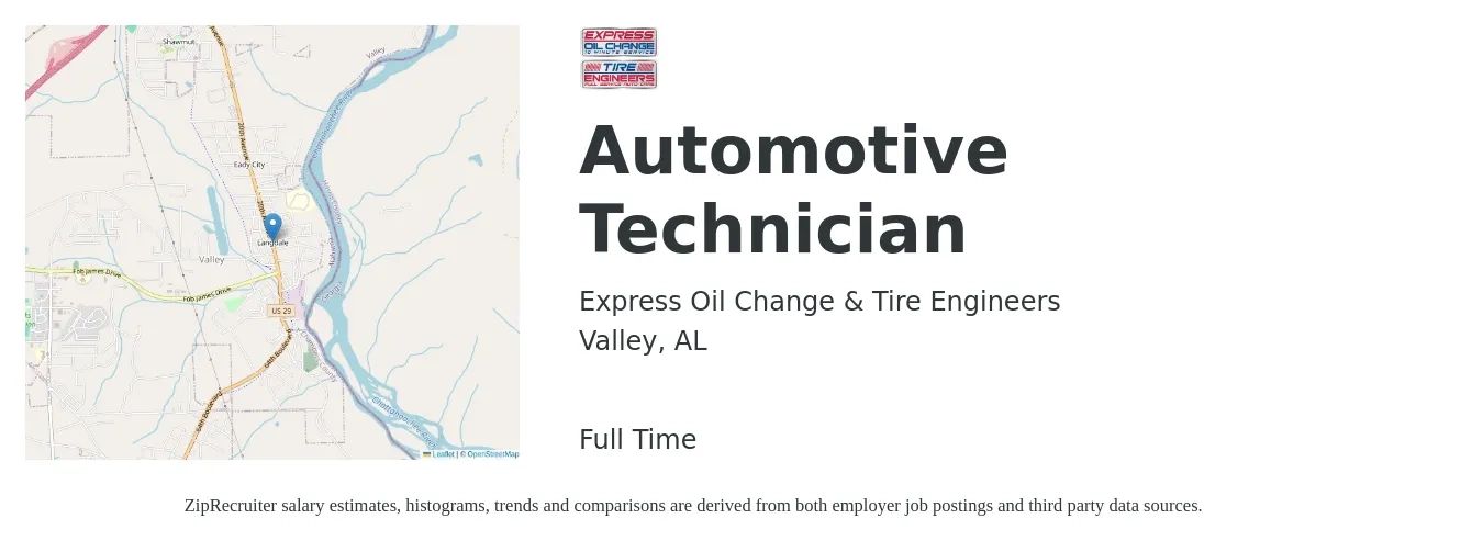Express Oil Change & Tire Engineers job posting for a Automotive Technician in Valley, AL with a salary of $17 to $28 Hourly with a map of Valley location.