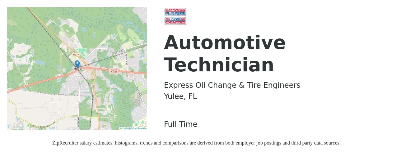 Express Oil Change & Tire Engineers job posting for a Automotive Technician in Yulee, FL with a salary of $19 to $31 Hourly with a map of Yulee location.
