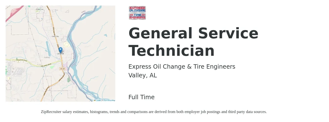 Express Oil Change & Tire Engineers job posting for a General Service Technician in Valley, AL with a salary of $12 to $15 Hourly with a map of Valley location.