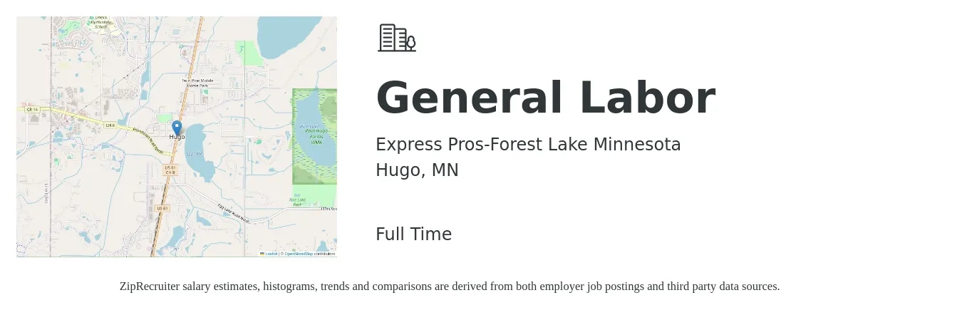 Express Pros-Forest Lake Minnesota job posting for a General Labor in Hugo, MN with a salary of $16 to $20 Hourly with a map of Hugo location.