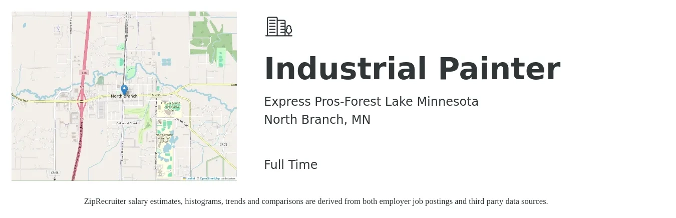 Express Pros-Forest Lake Minnesota job posting for a Industrial Painter in North Branch, MN with a salary of $20 to $30 Hourly with a map of North Branch location.
