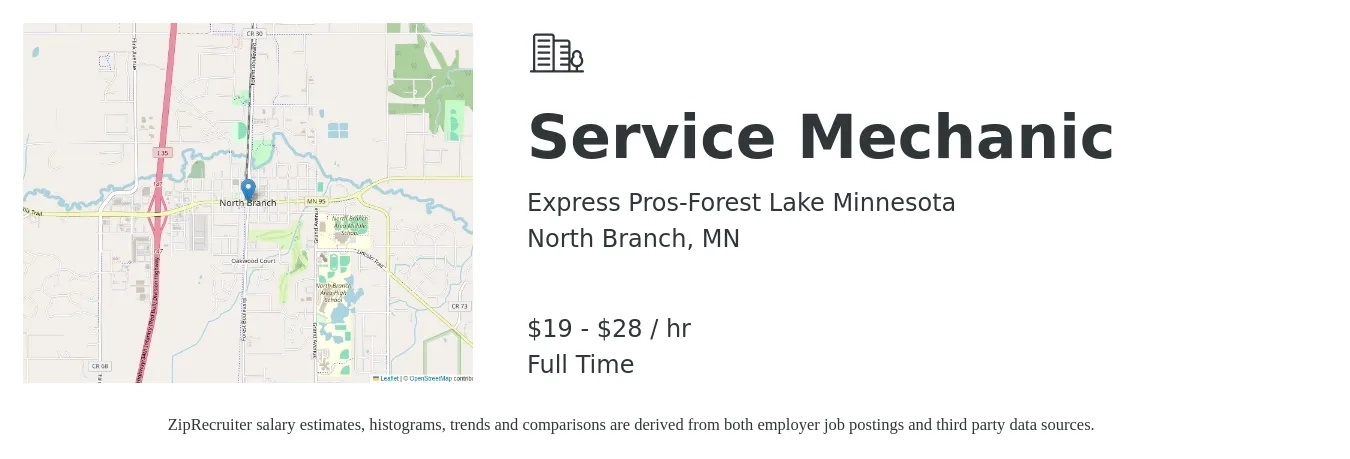 Express Pros-Forest Lake Minnesota job posting for a Service Mechanic in North Branch, MN with a salary of $20 to $30 Hourly with a map of North Branch location.