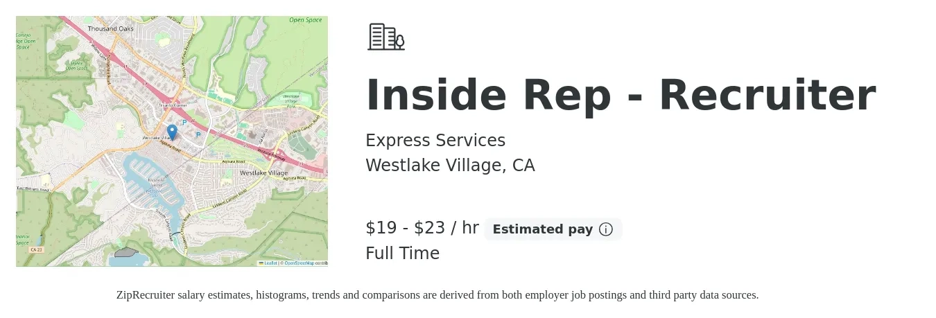 Express Services job posting for a Inside Rep - Recruiter in Westlake Village, CA with a salary of $20 to $24 Hourly with a map of Westlake Village location.
