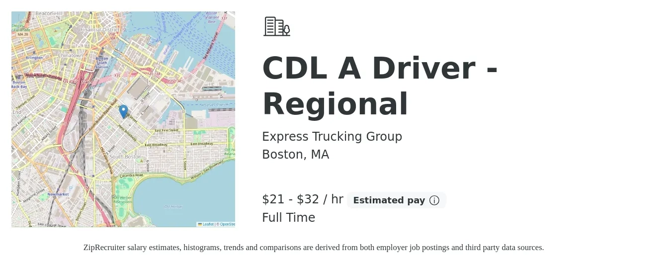 Express Trucking Group job posting for a CDL A Driver - Regional in Boston, MA with a salary of $900 to $1,350 Weekly with a map of Boston location.
