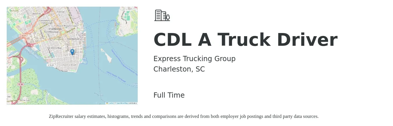 Express Trucking Group job posting for a CDL A Truck Driver in Charleston, SC with a salary of $1,200 to $1,600 Weekly with a map of Charleston location.