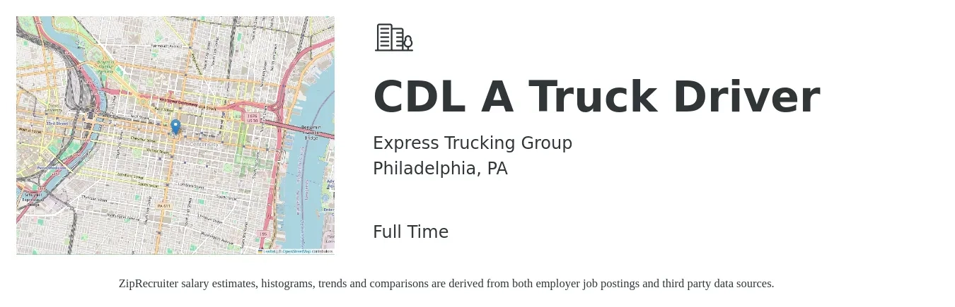 Express Trucking Group job posting for a CDL A Truck Driver in Philadelphia, PA with a salary of $1,500 Weekly with a map of Philadelphia location.