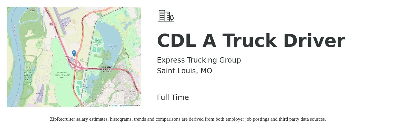 Express Trucking Group job posting for a CDL A Truck Driver in Saint Louis, MO with a salary of $1,400 to $1,900 Weekly with a map of Saint Louis location.